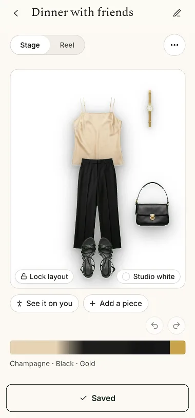 Compose in Wellfolded: a champagne silk camisole, black wide-leg trousers, strappy sandals, a shoulder bag and a gold watch arranged as Dinner with friends, saved.
