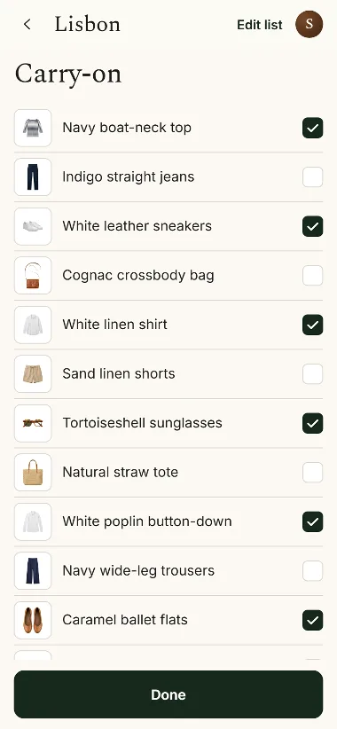 A packing list in Wellfolded for a carry-on, each piece with a box to check off as it goes in the bag.